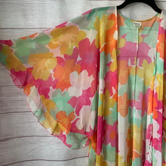 Peach Love California Colorful Floral Open Front Cardigan Cover Up Kimono Size M - Picture 15 of 16